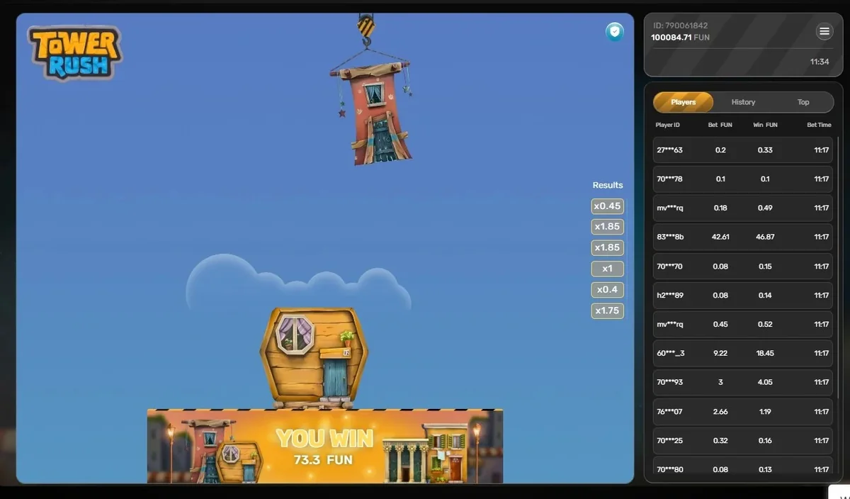 Tower Rush demo round in FUN credits ending with a 73.3 win beside the live players list
