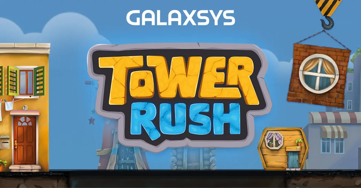 Tower Rush logo by Galaxsys above the animated city street where floors are lowered by crane