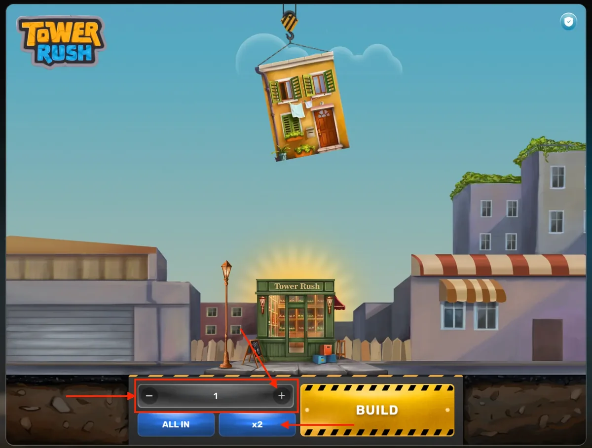 Tower Rush interface showing a floor on the crane, the bet stepper and the Build button