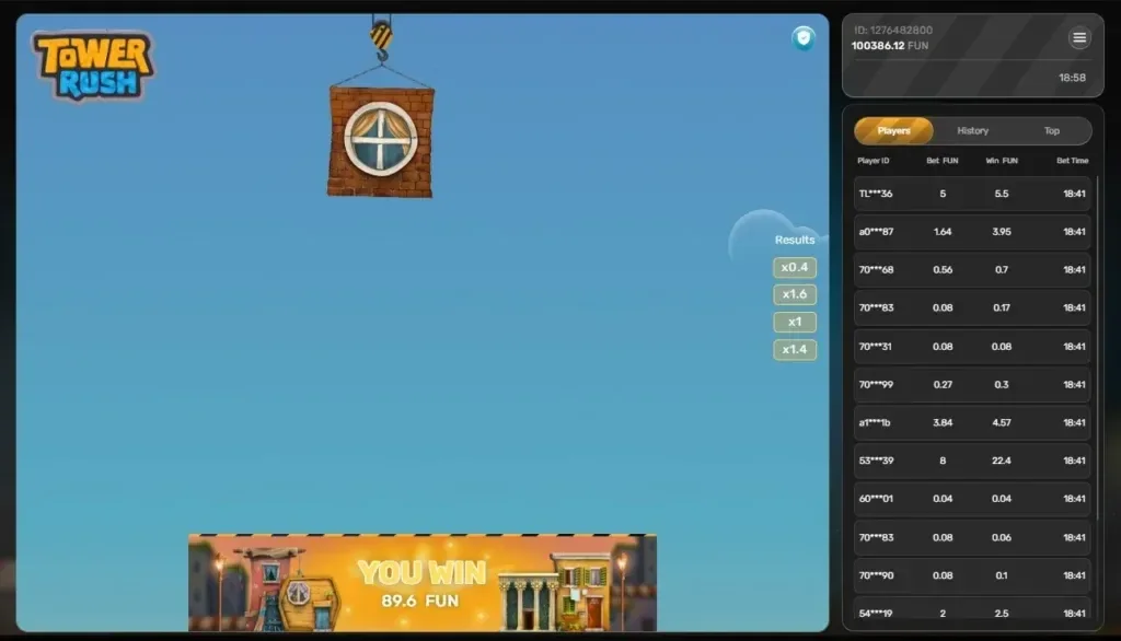 Tower Rush round result paying 89.6 with the recent multiplier history in the side panel